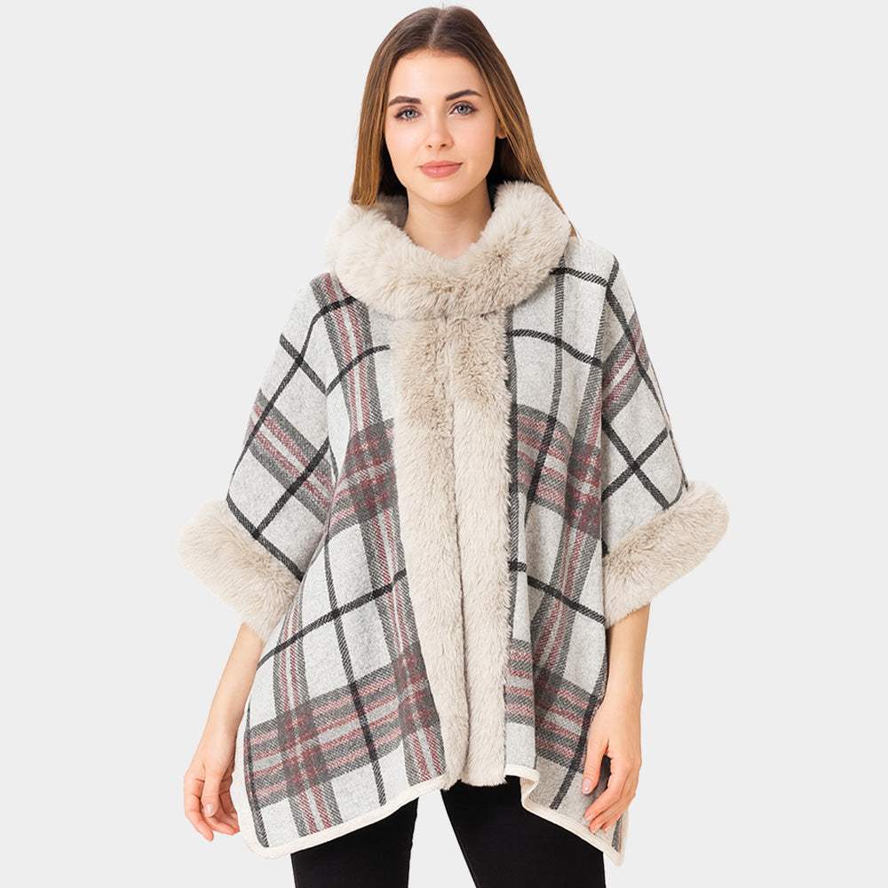 Faux Fur Trim Plaid Check Cape Coat Poncho - Madeline Love - Flyclothing LLC