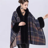 Faux Fur Trim Plaid Check Cape Coat Poncho - Madeline Love - Flyclothing LLC