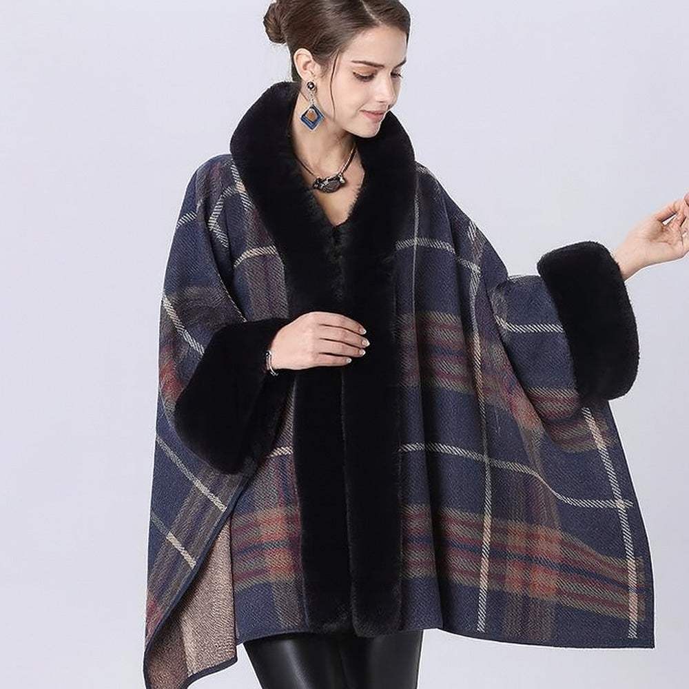Faux Fur Trim Plaid Check Cape Coat Poncho - Madeline Love - Flyclothing LLC