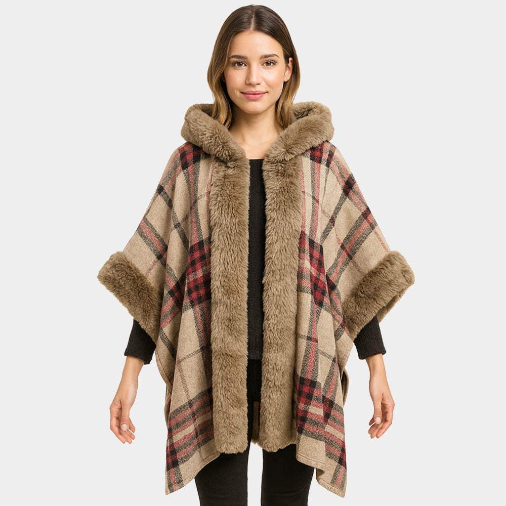 Faux Fur Trim Plaid Check Cape Coat Poncho - Madeline Love - Flyclothing LLC