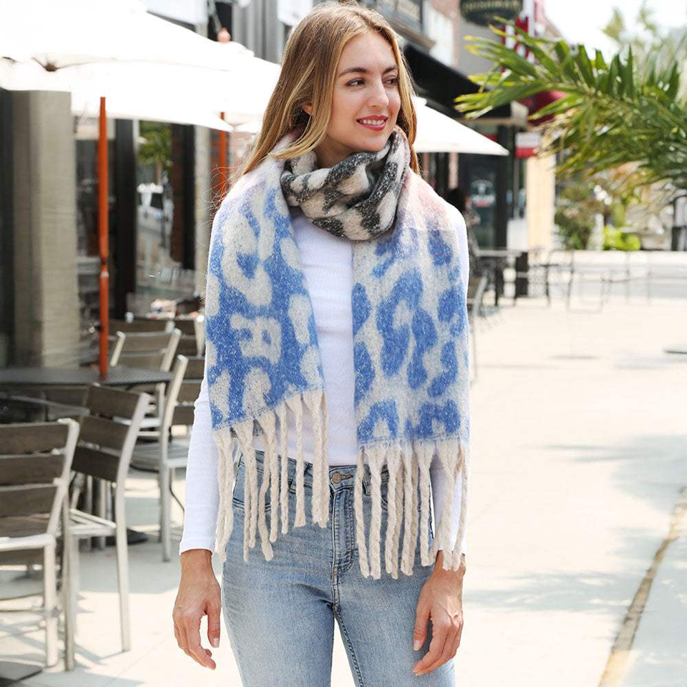Leopard Print Oversized Fringe Chunky Oblong Scarf - Madeline Love - Flyclothing LLC