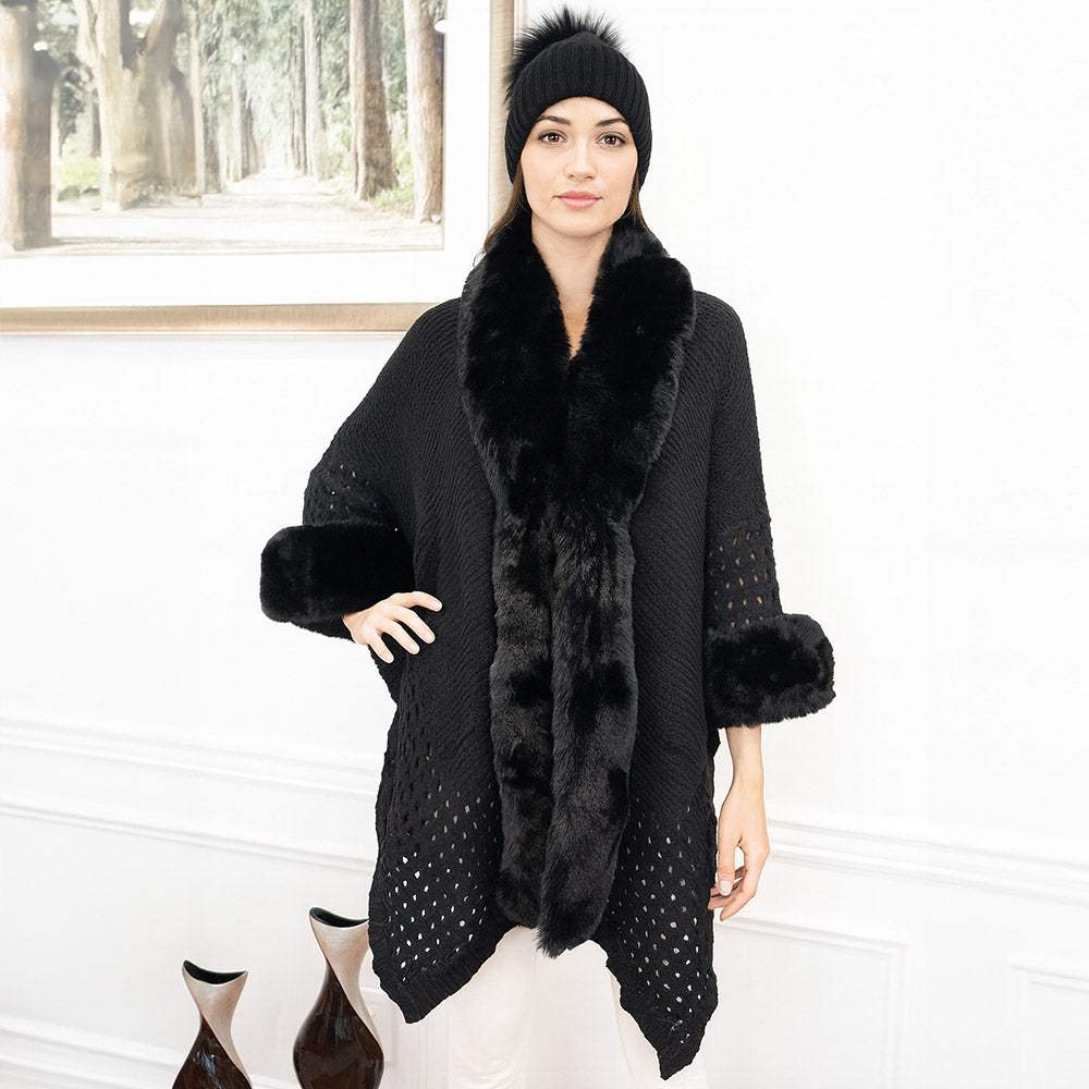 Faux Fur Trim Open Knit Cape Poncho - Madeline Love - Flyclothing LLC