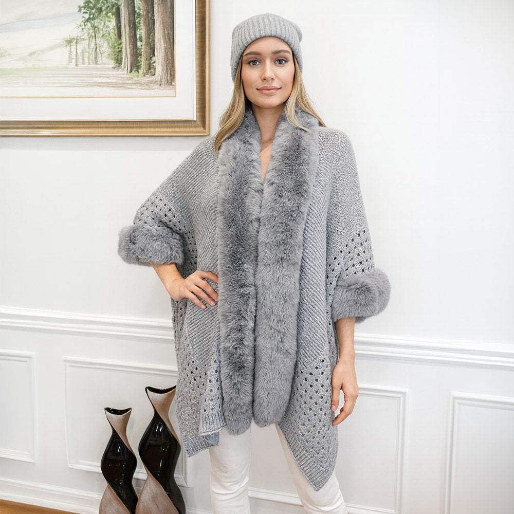 Faux Fur Trim Open Knit Cape Poncho - Madeline Love - Flyclothing LLC