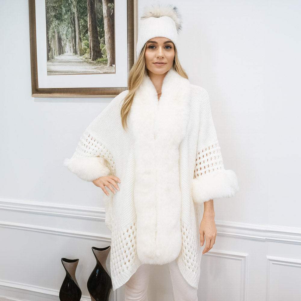 Faux Fur Trim Open Knit Cape Poncho - Madeline Love - Flyclothing LLC