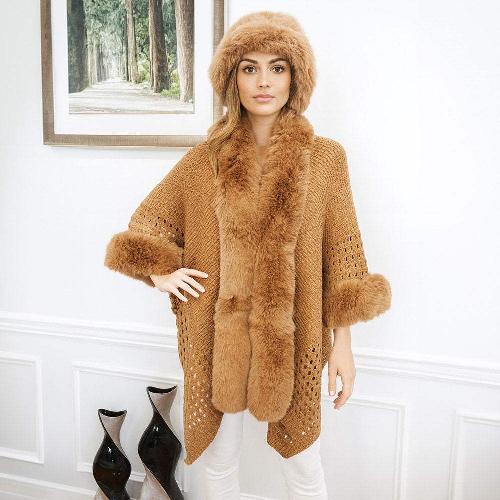 Faux Fur Trim Open Knit Cape Poncho - Madeline Love - Flyclothing LLC