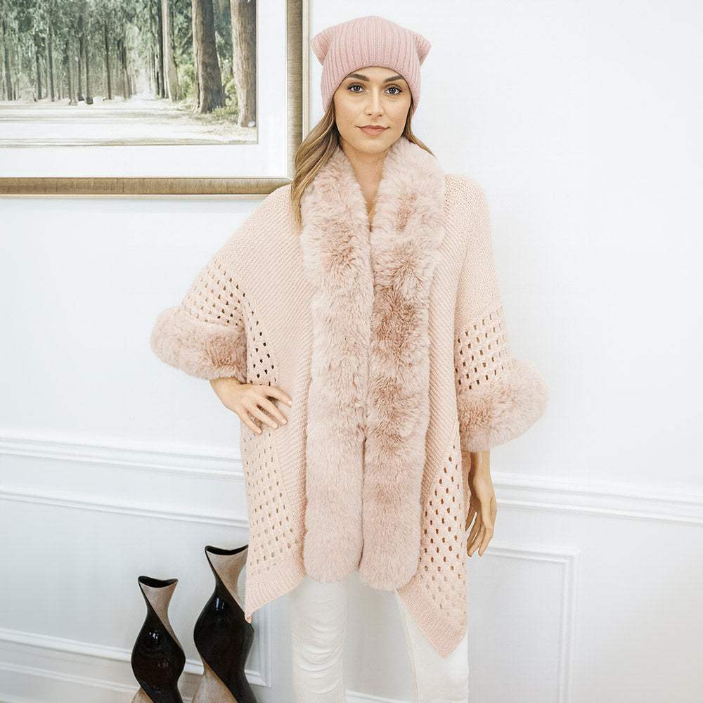 Faux Fur Trim Open Knit Cape Poncho - Madeline Love - Flyclothing LLC