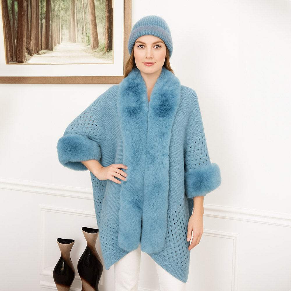 Faux Fur Trim Open Knit Cape Poncho - Madeline Love - Flyclothing LLC