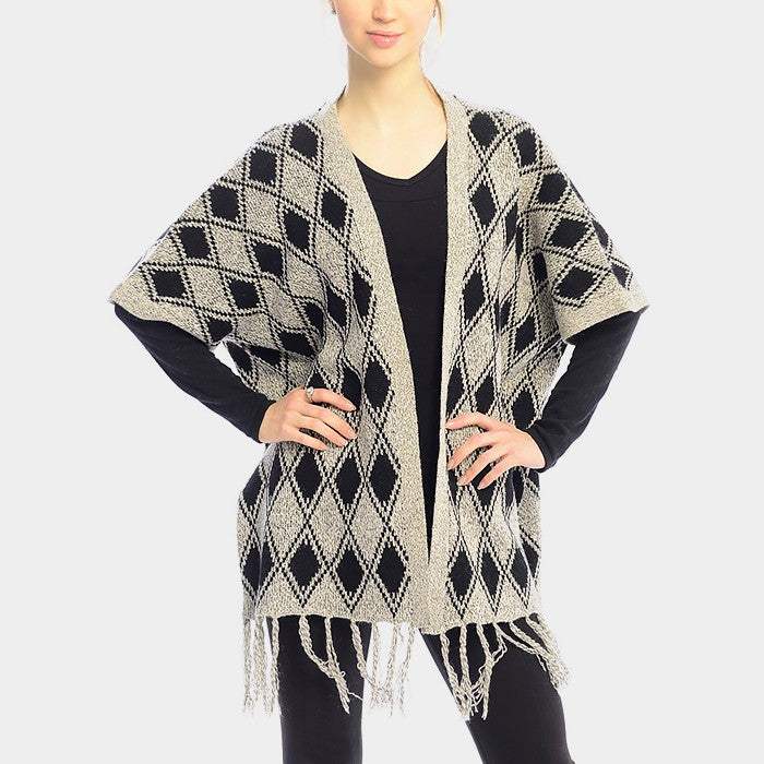 DIAMOND PATTERN FRINGE TRIM PONCHO SHAWL - Madeline Love - Flyclothing LLC