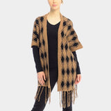 DIAMOND PATTERN FRINGE TRIM PONCHO SHAWL - Madeline Love - Flyclothing LLC