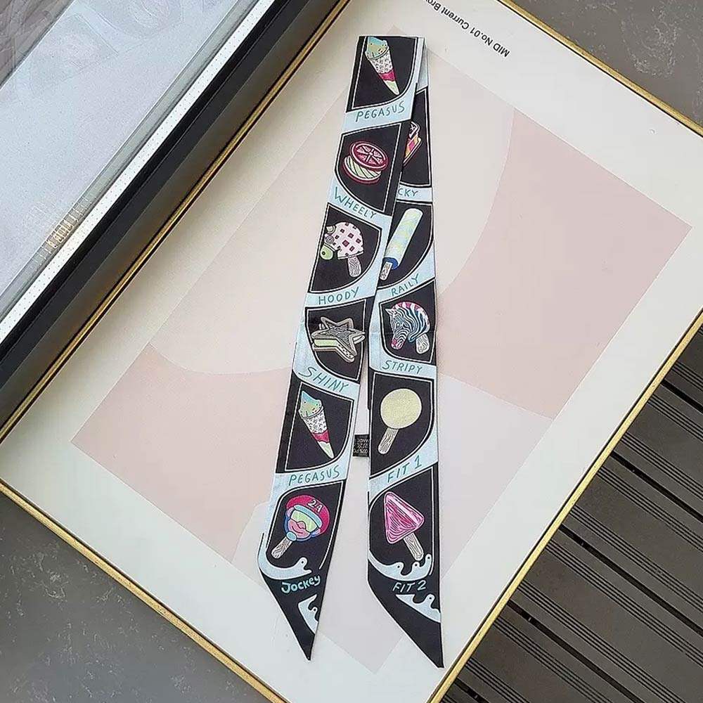 Graphic Icon Print Silky Twilly Skinny Scarf - Madeline Love - Flyclothing LLC