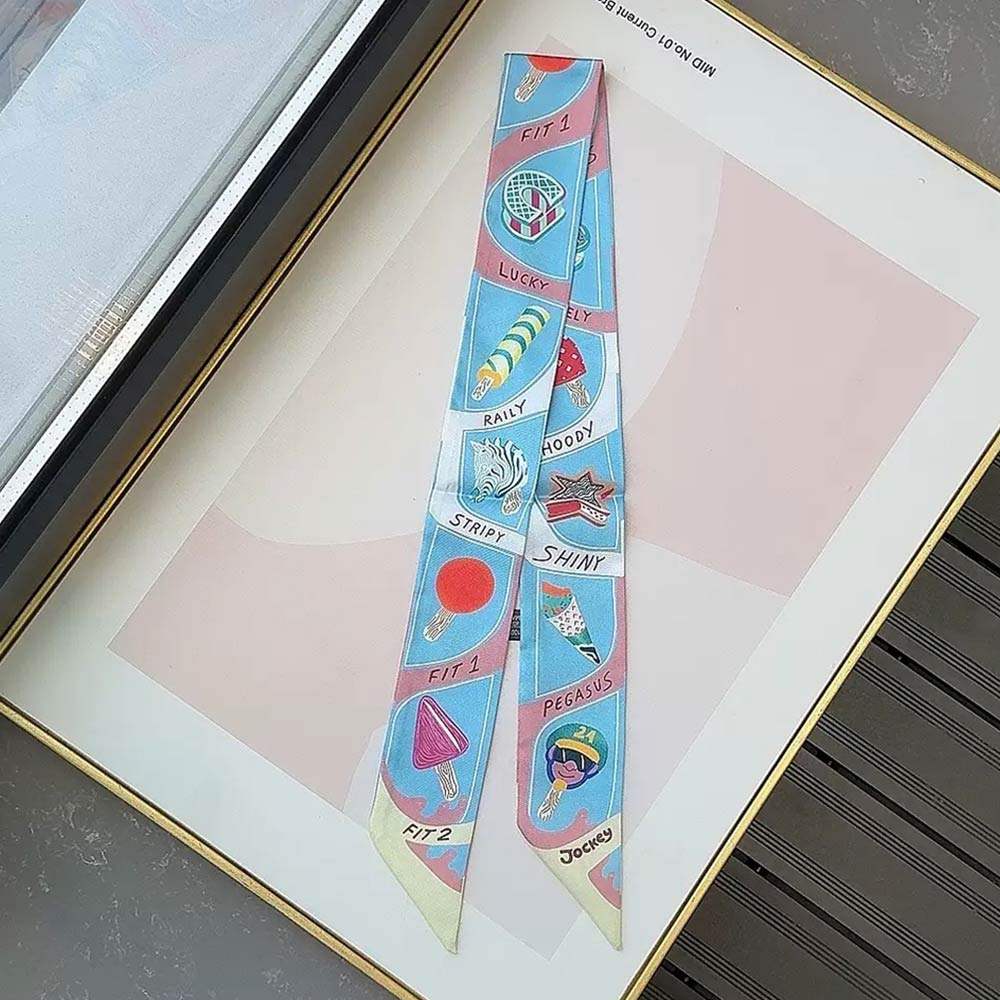 Graphic Icon Print Silky Twilly Skinny Scarf - Madeline Love - Flyclothing LLC