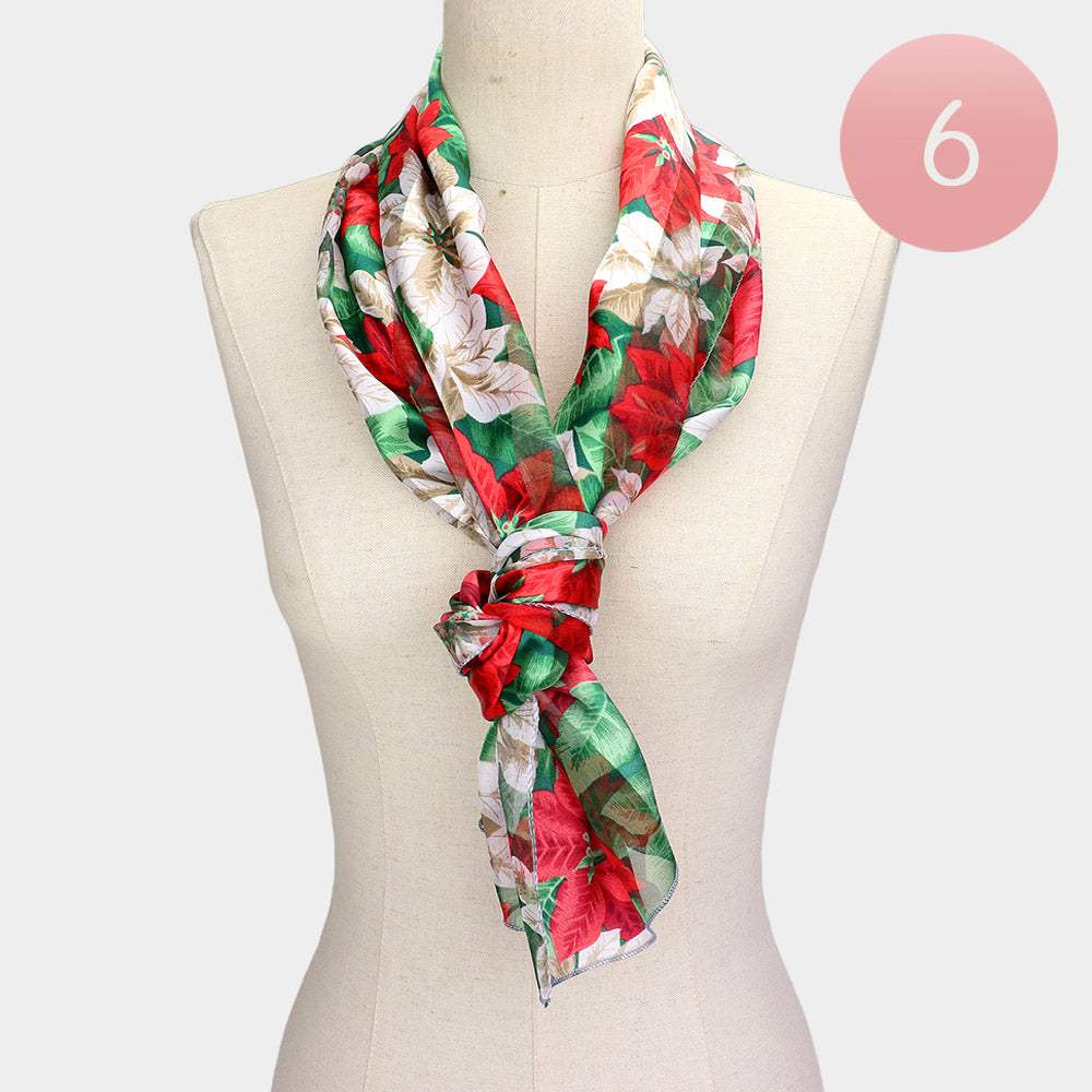 6PCS - Silk Feel Satin Striped Poinsettia Pattern Print Scarves - Madeline Love - Flyclothing LLC