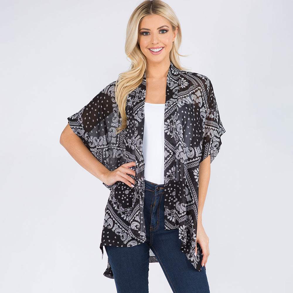 Lightweight Boho Paisley Pattern Open Front Kimono Poncho - Madeline Love - Flyclothing LLC