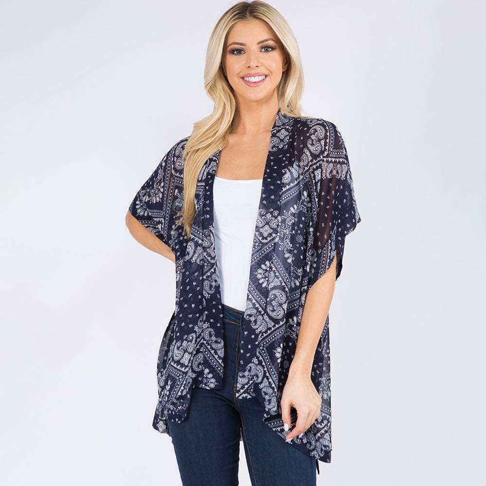 Lightweight Boho Paisley Pattern Open Front Kimono Poncho - Madeline Love - Flyclothing LLC