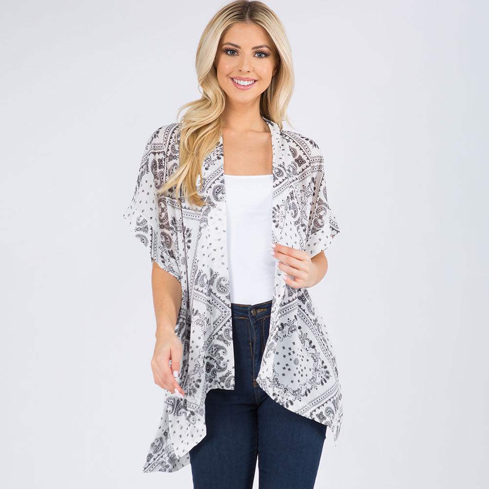 Lightweight Boho Paisley Pattern Open Front Kimono Poncho - Madeline Love - Flyclothing LLC