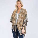 Boho Geometric Tribal Inspired Pattern Printed Tie Front Kimono Poncho - Madeline Love - Flyclothing LLC