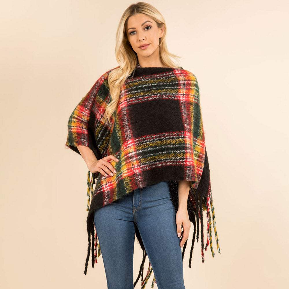 Plaid Fringe Hem Poncho - Madeline Love - Flyclothing LLC
