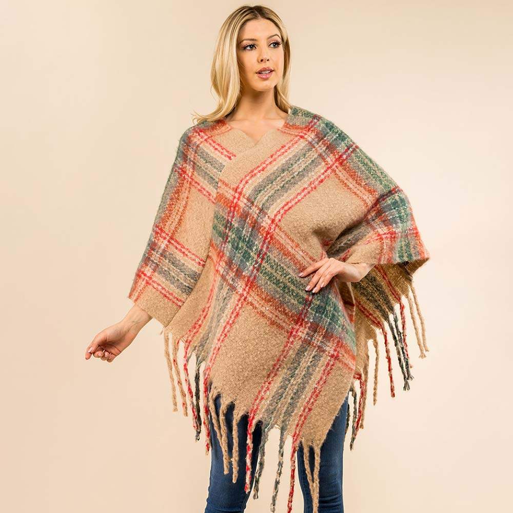 Plaid Fringe Hem Poncho - Madeline Love - Flyclothing LLC