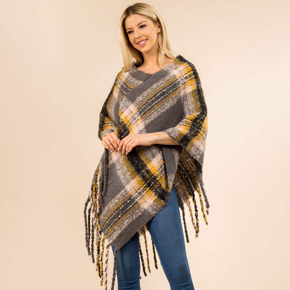 Plaid Fringe Hem Poncho - Madeline Love - Flyclothing LLC