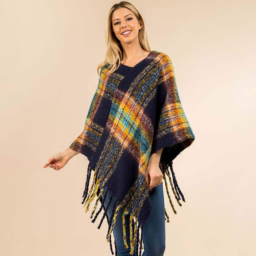 Plaid Fringe Hem Poncho - Madeline Love - Flyclothing LLC