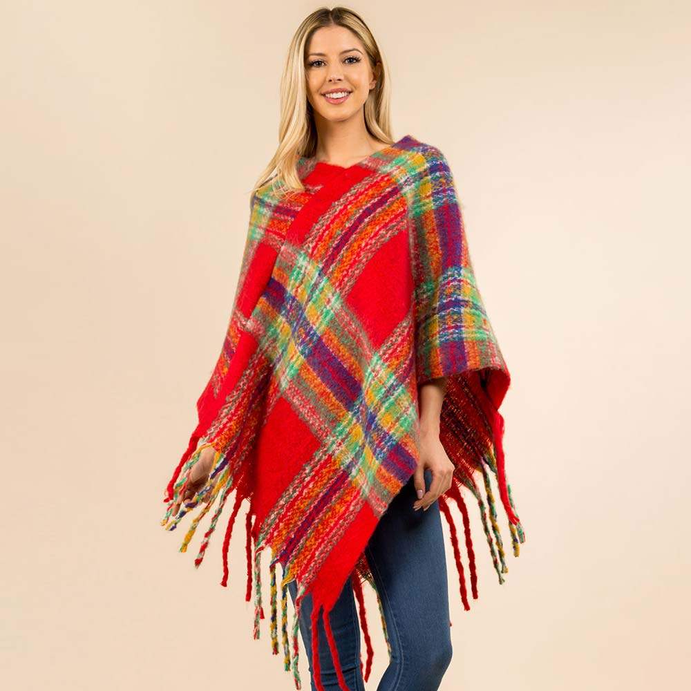 Plaid Fringe Hem Poncho - Madeline Love - Flyclothing LLC