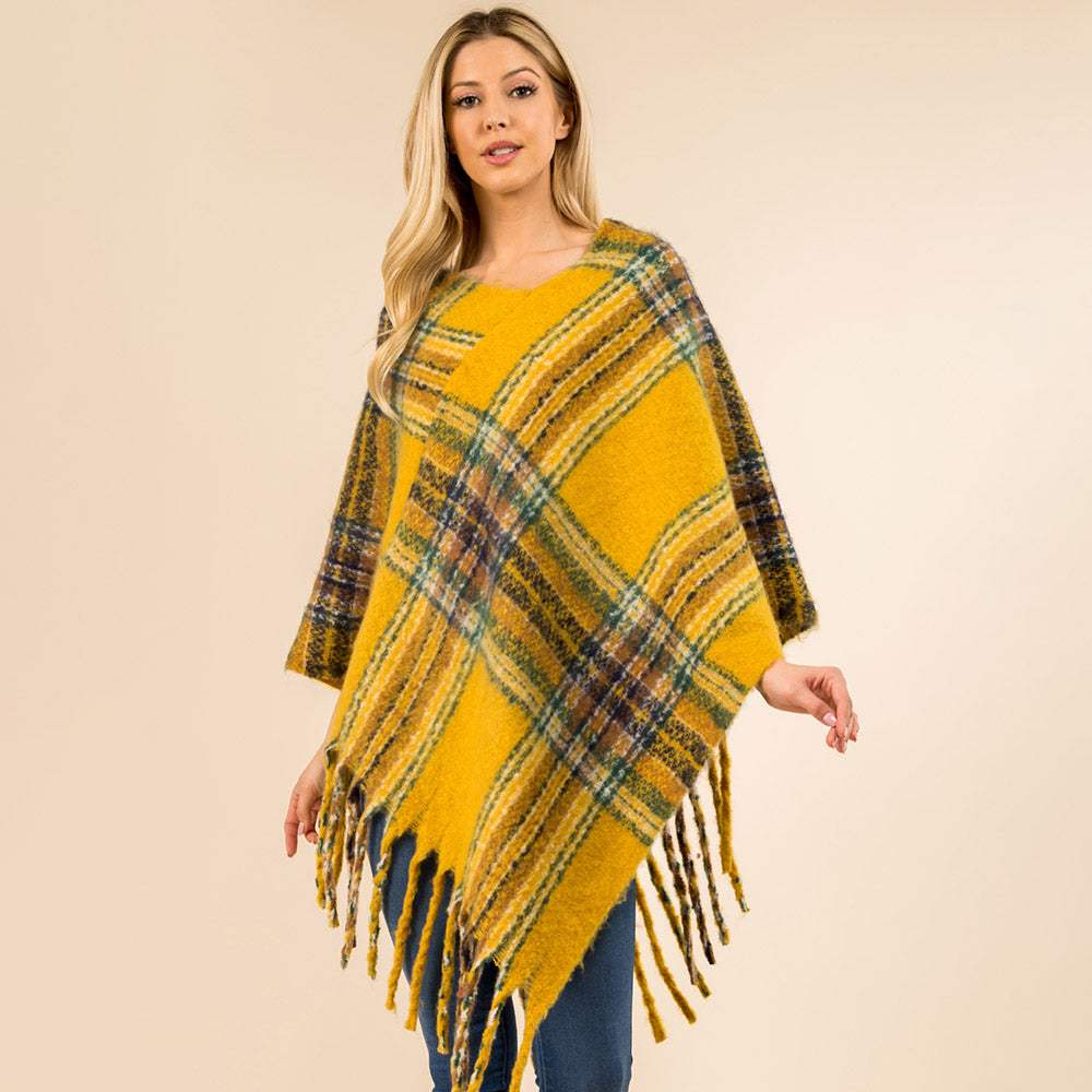 Plaid Fringe Hem Poncho - Madeline Love - Flyclothing LLC