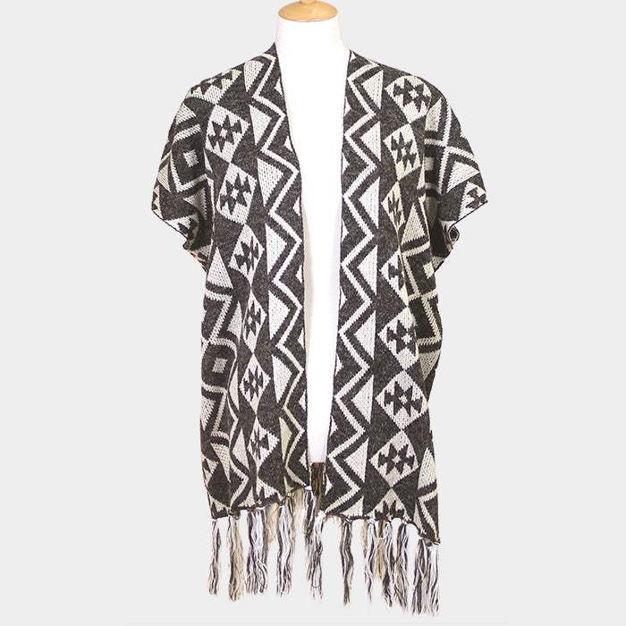 Geometric Pattern Fringe Edge Angora Poncho - Madeline Love - Flyclothing LLC