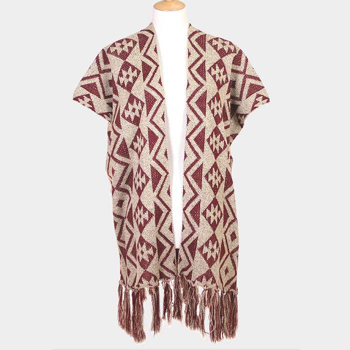 Geometric Pattern Fringe Edge Angora Poncho - Madeline Love - Flyclothing LLC