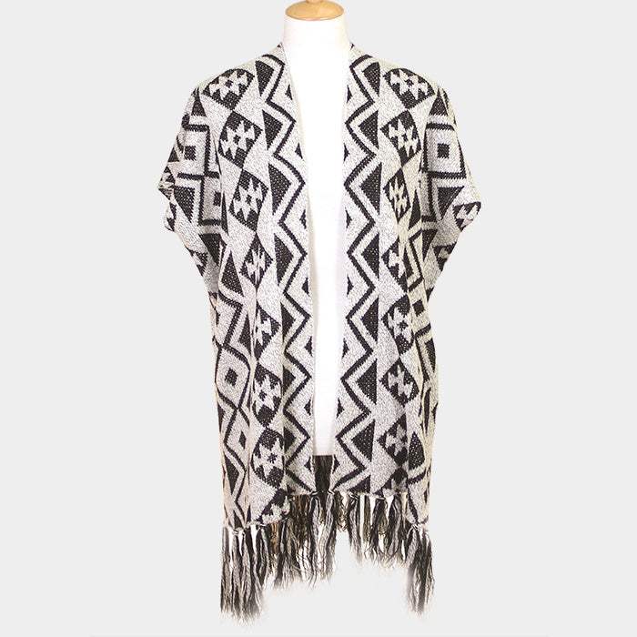 Geometric Pattern Fringe Edge Angora Poncho - Madeline Love - Flyclothing LLC