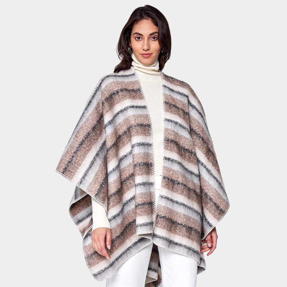 Cozy Striped Three Tone Ruana Poncho - Madeline Love - Flyclothing LLC
