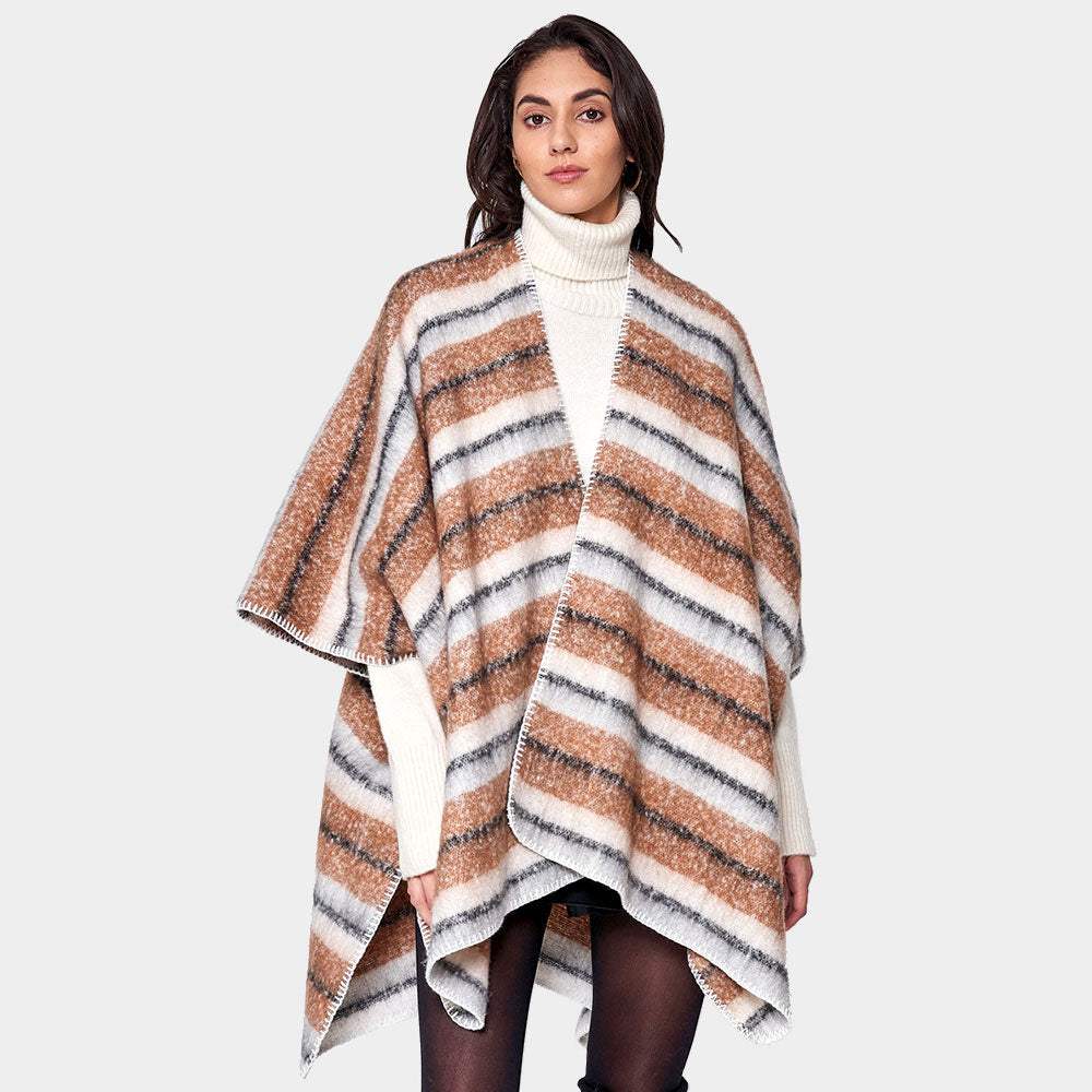 Cozy Striped Three Tone Ruana Poncho - Madeline Love - Flyclothing LLC