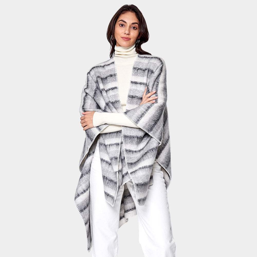 Cozy Striped Three Tone Ruana Poncho - Madeline Love - Flyclothing LLC