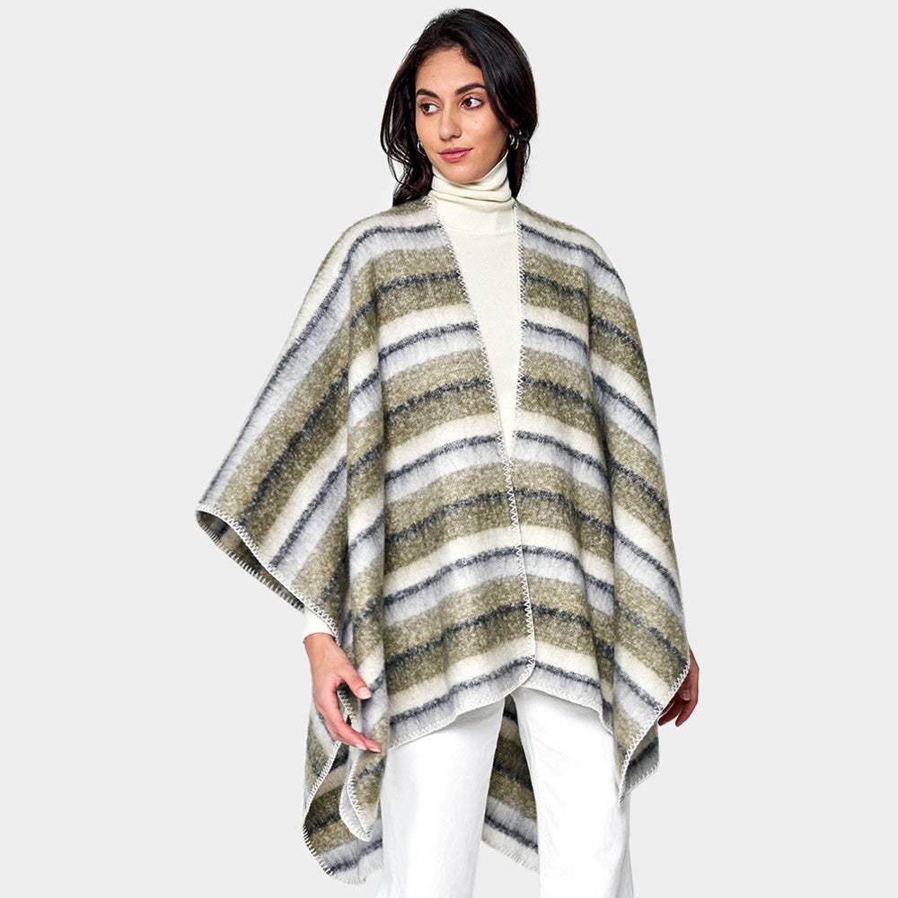 Cozy Striped Three Tone Ruana Poncho - Madeline Love - Flyclothing LLC
