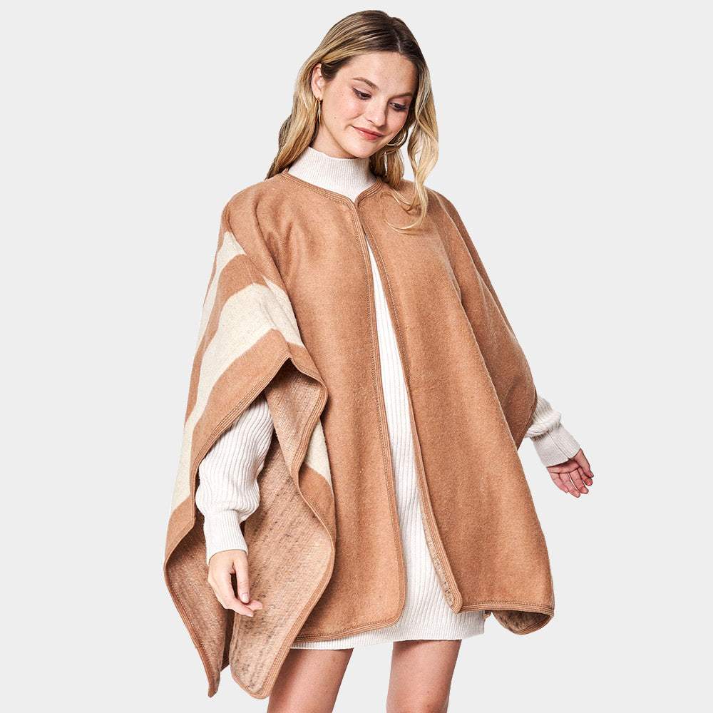 Striped Button Closure Cape Ruana Poncho - Madeline Love - Flyclothing LLC