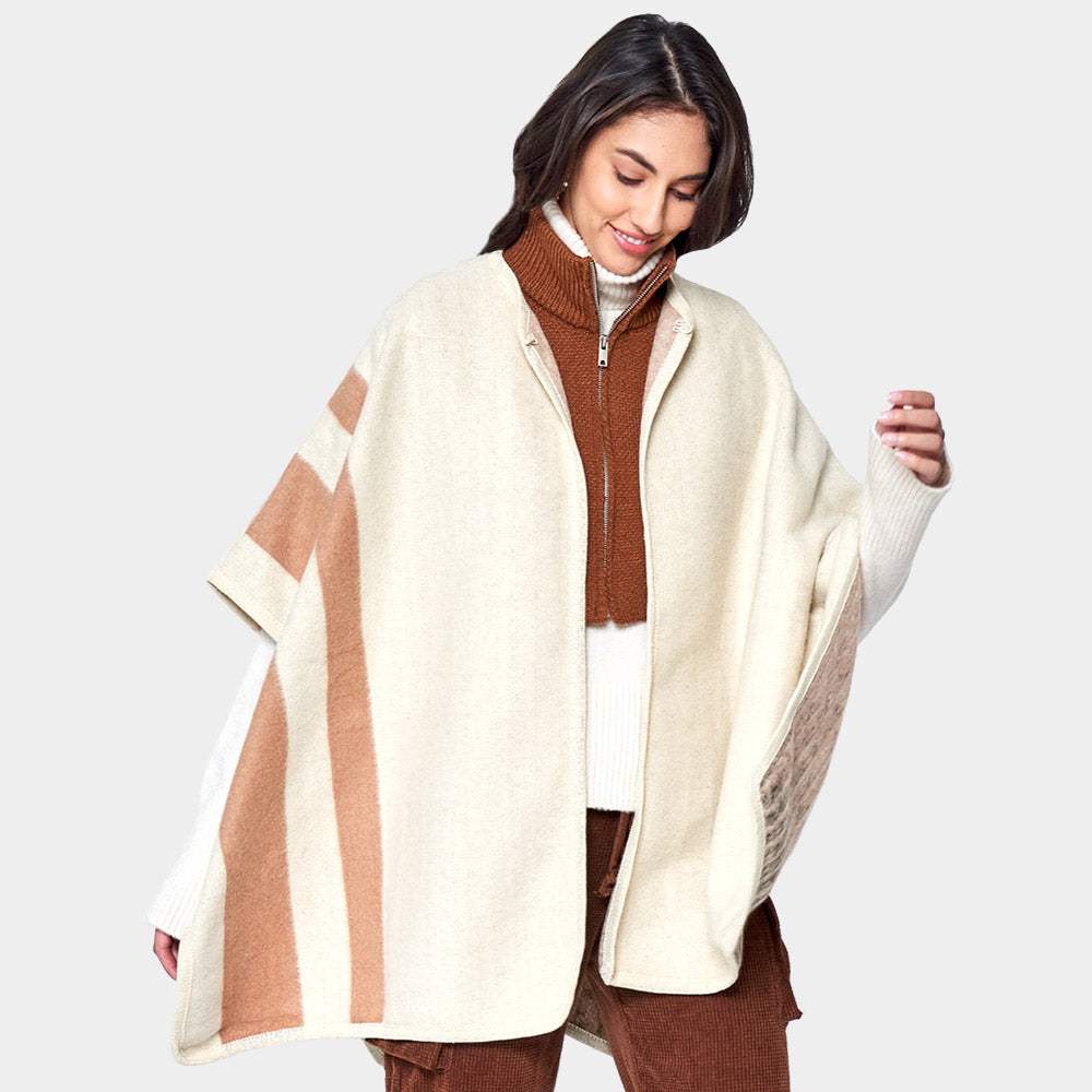 Striped Button Closure Cape Ruana Poncho - Madeline Love - Flyclothing LLC