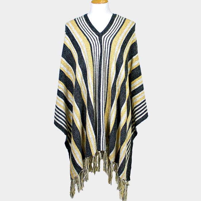 STRIPED FRINGE EDGE PONCHO SWEATER - Madeline Love - Flyclothing LLC