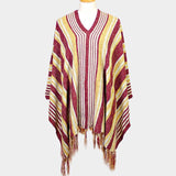 STRIPED FRINGE EDGE PONCHO SWEATER - Madeline Love - Flyclothing LLC