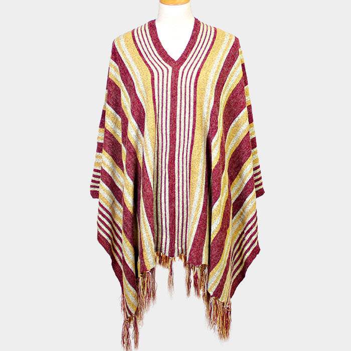 STRIPED FRINGE EDGE PONCHO SWEATER - Madeline Love - Flyclothing LLC