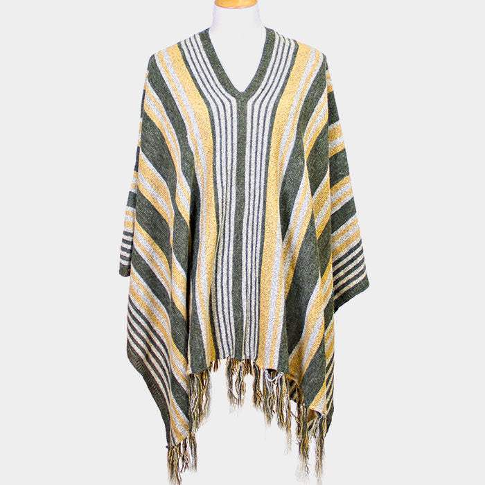 STRIPED FRINGE EDGE PONCHO SWEATER - Madeline Love - Flyclothing LLC