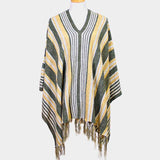 STRIPED FRINGE EDGE PONCHO SWEATER - Madeline Love - Flyclothing LLC
