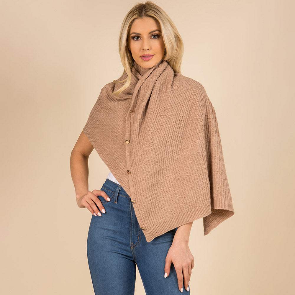 Convertible Button Up Waffle Knit Shawl Cape Poncho - Madeline Love - Flyclothing LLC