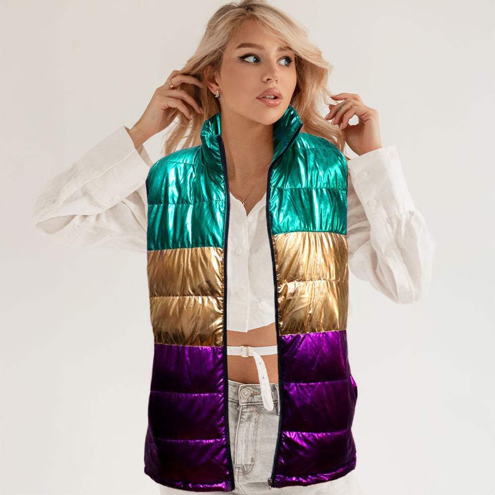 Mardi Gras Color Block Puffer Vest - Madeline Love - Flyclothing LLC