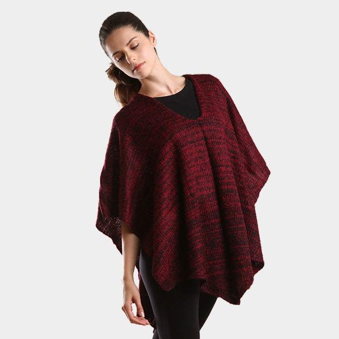 Two tone knit V- neck poncho - Madeline Love - Flyclothing LLC