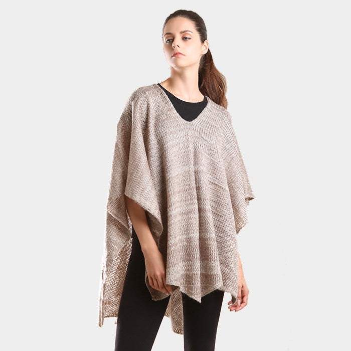 Two tone knit V- neck poncho - Madeline Love - Flyclothing LLC