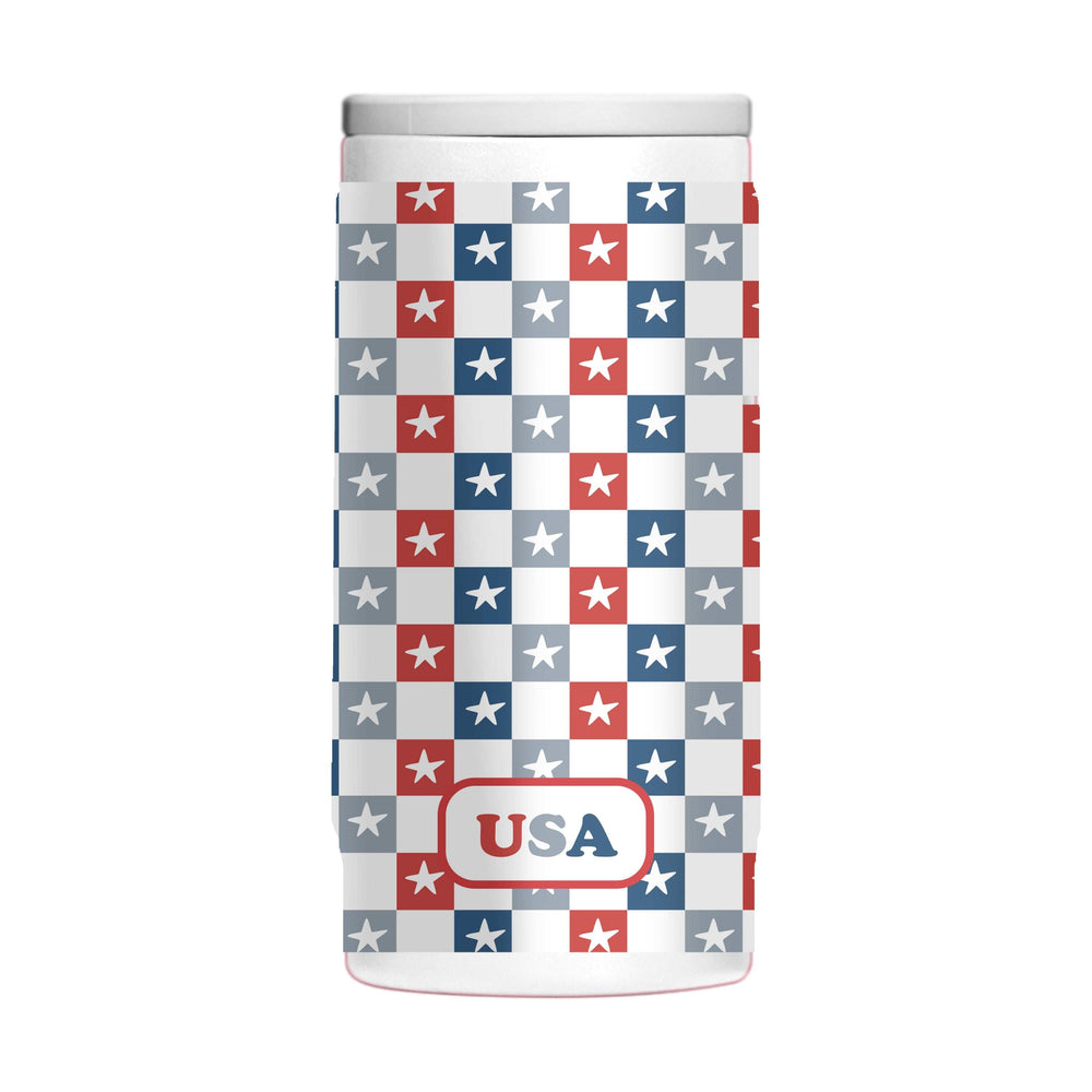 4th of July 12oz White Checkered Smiley Face Powdercoat SlimCan Coolie - Logo Brands - Flyclothing LLC