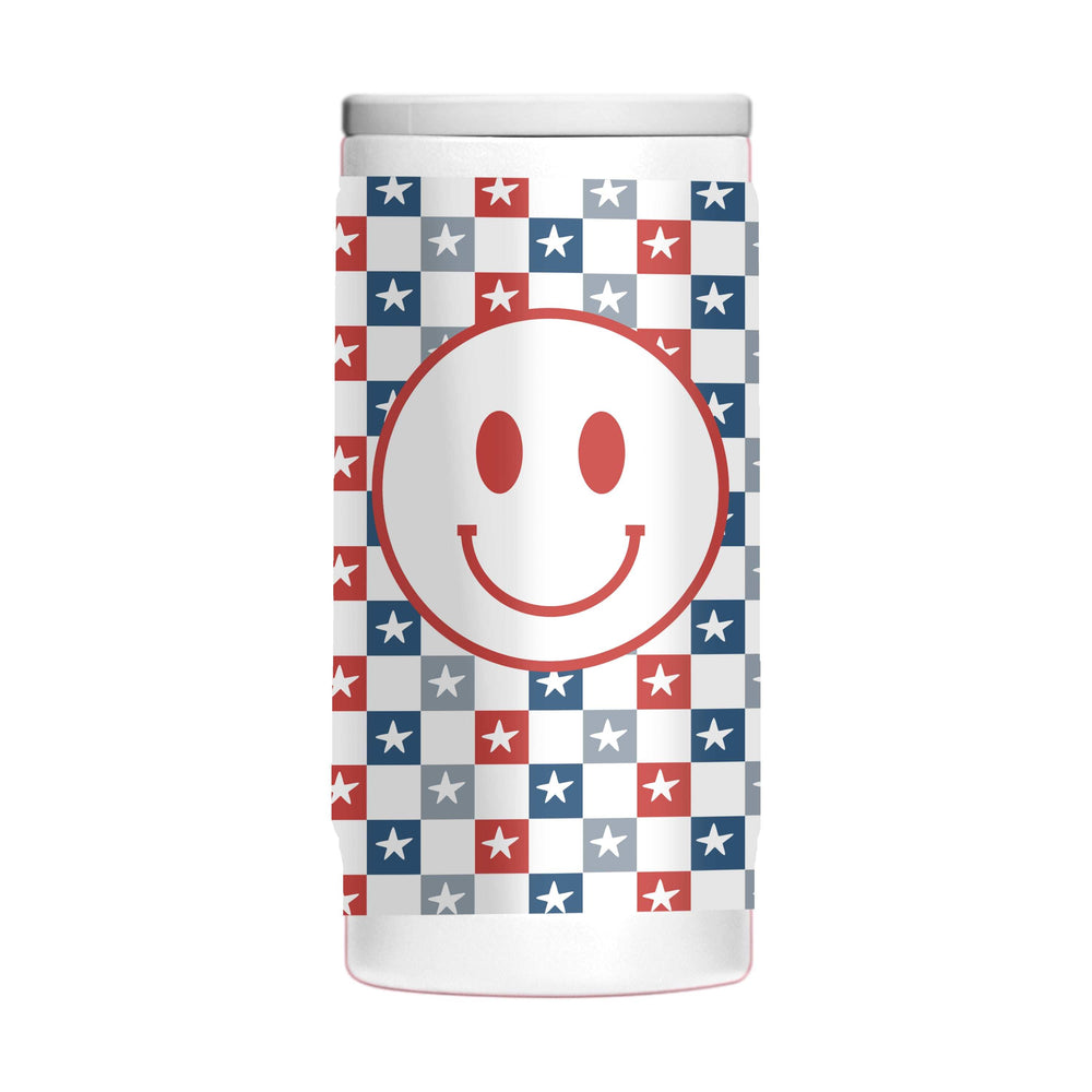 4th of July 12oz White Checkered Smiley Face Powdercoat SlimCan Coolie - Logo Brands - Flyclothing LLC