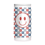 4th of July 12oz White Checkered Smiley Face Powdercoat SlimCan Coolie - Logo Brands - Flyclothing LLC
