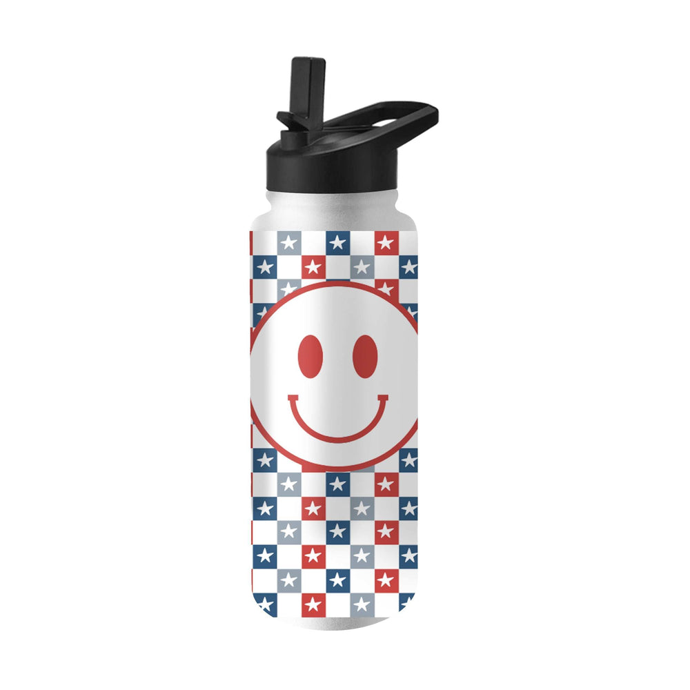 4th of July 34oz White Checkered Smiley Face Quencher Bottle - Logo Brands - Flyclothing LLC