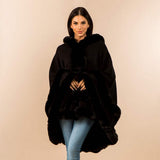 Faux Fur Trim Hooded Elegant Drape Cape Poncho - Madeline Love - Flyclothing LLC