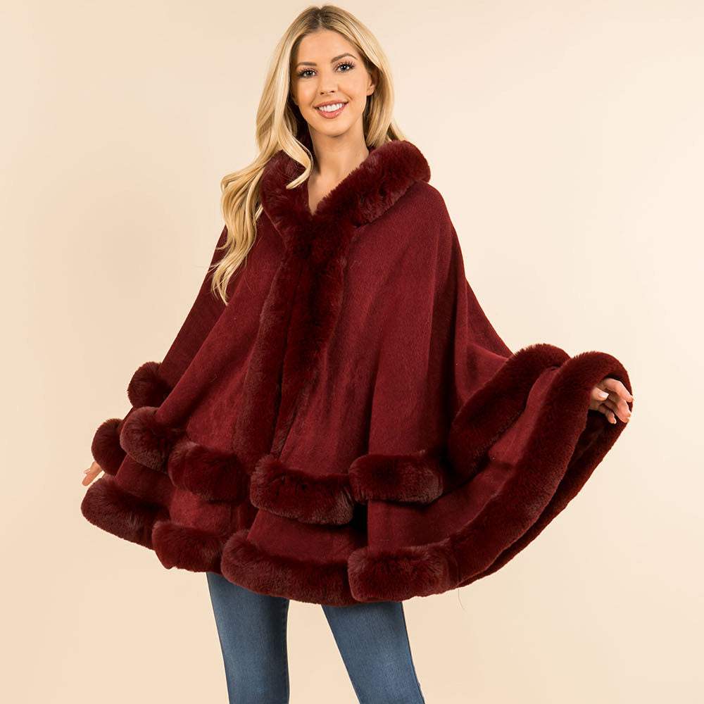 Faux Fur Trim Hooded Elegant Drape Cape Poncho - Madeline Love - Flyclothing LLC